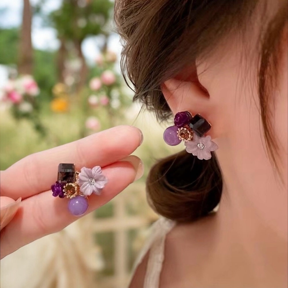 Purple Shiny Flower Shape Stud Earrings Inlaid Shiny Zircon Faux Fashion Jewelry